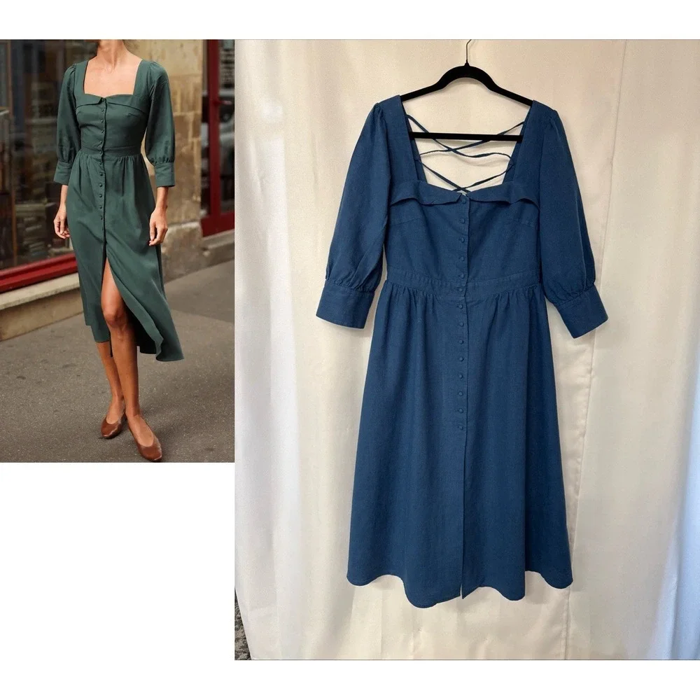 Gaala Paris Esther Midi Button Down Dress Sz 42 Blue Linen Cotton Blend Pockets